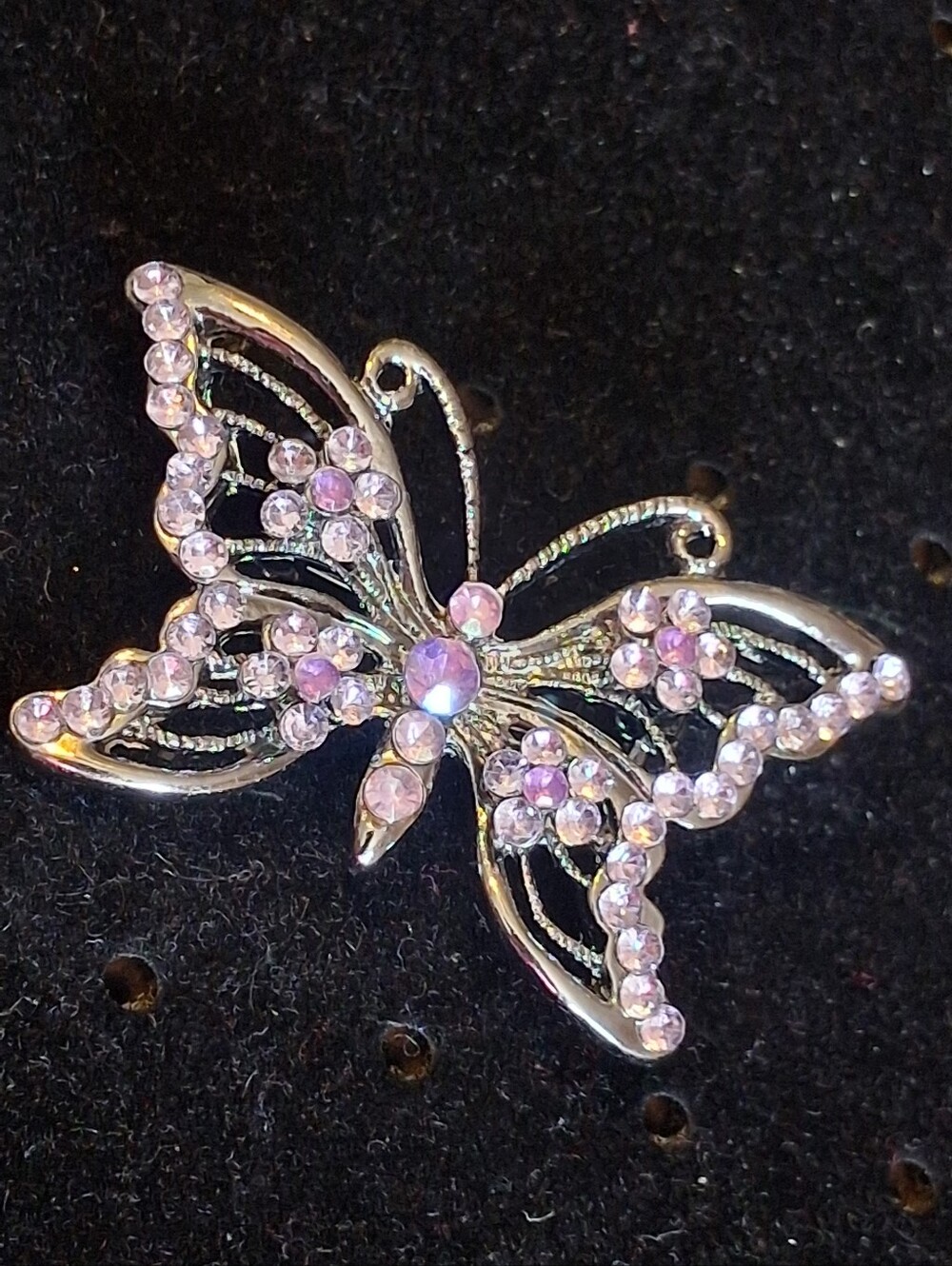 Silvertone Crystal Butterfly Brooch - Lavender Rhinestone Accent